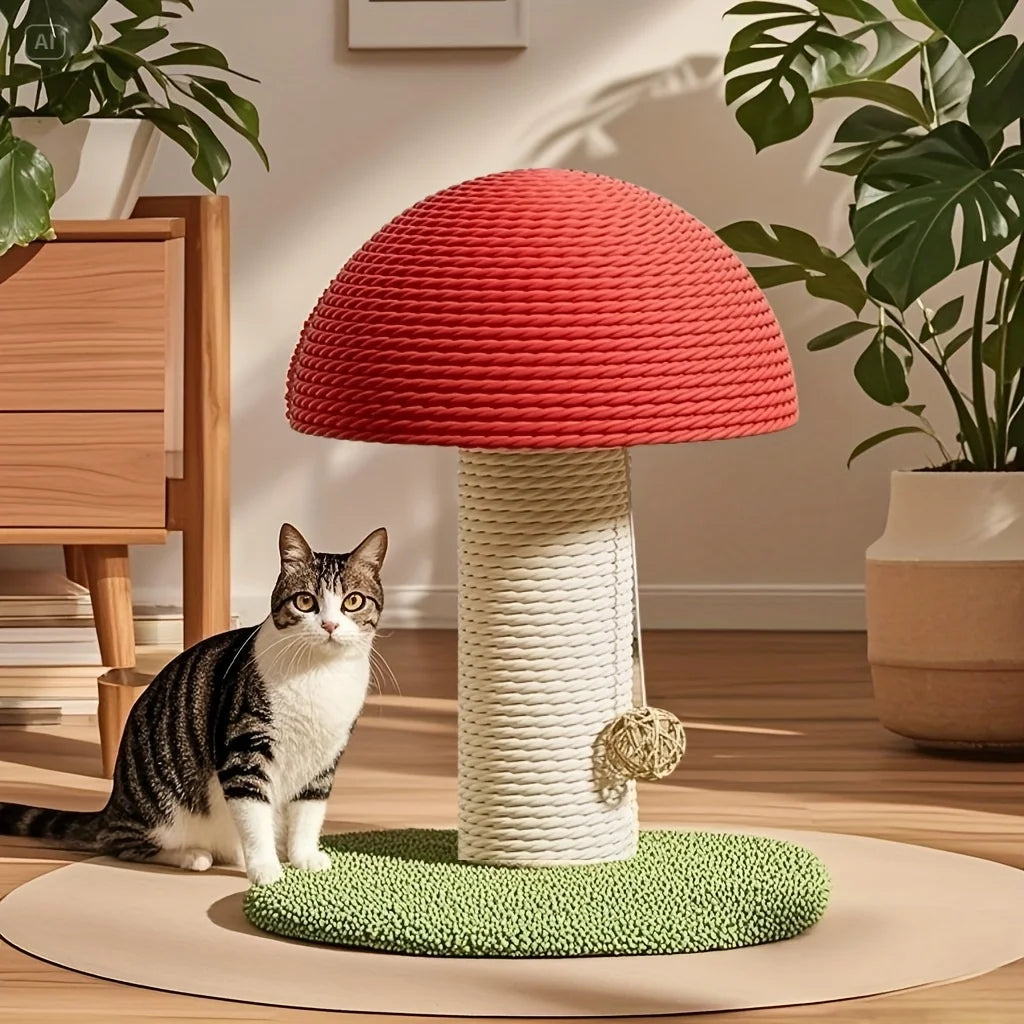 Griffoir Champignon pour Chat en Sisal Naturel – Arbre à Gratter Compact avec Pompon Suspendu