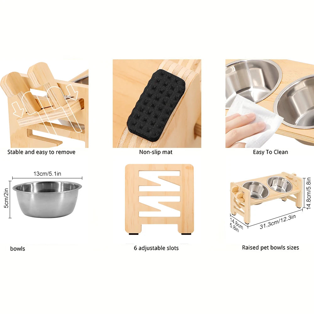 Support Double Gamelle en Bois Ajustable & Inclinable – 2 Bols Inox pour Chien & Chat