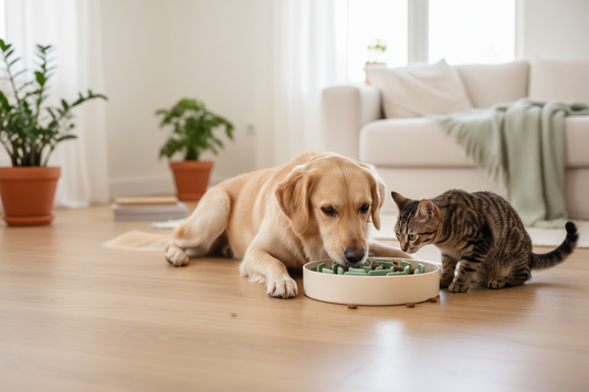 Chien et chat détendus autour d’une gamelle anti-glouton dans un intérieur lumineux