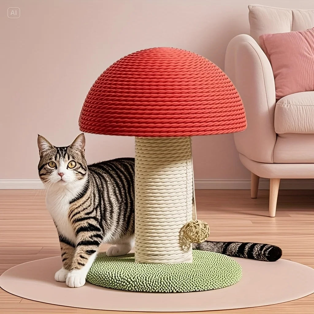 Griffoir Champignon pour Chat en Sisal Naturel – Arbre à Gratter Compact avec Pompon Suspendu