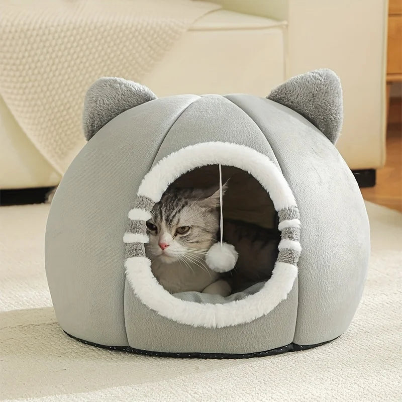 Niche Igloo Douillette pour Chat & Chiot – Panier Grotte Fermé avec Coussin Amovible & Pompon Suspendu