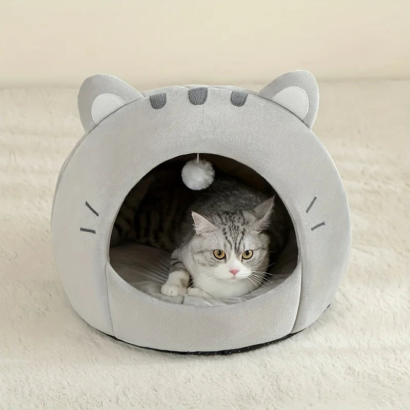 Niche Igloo Douillette pour Chat & Chiot – Panier Grotte Fermé avec Coussin Amovible & Pompon Suspendu