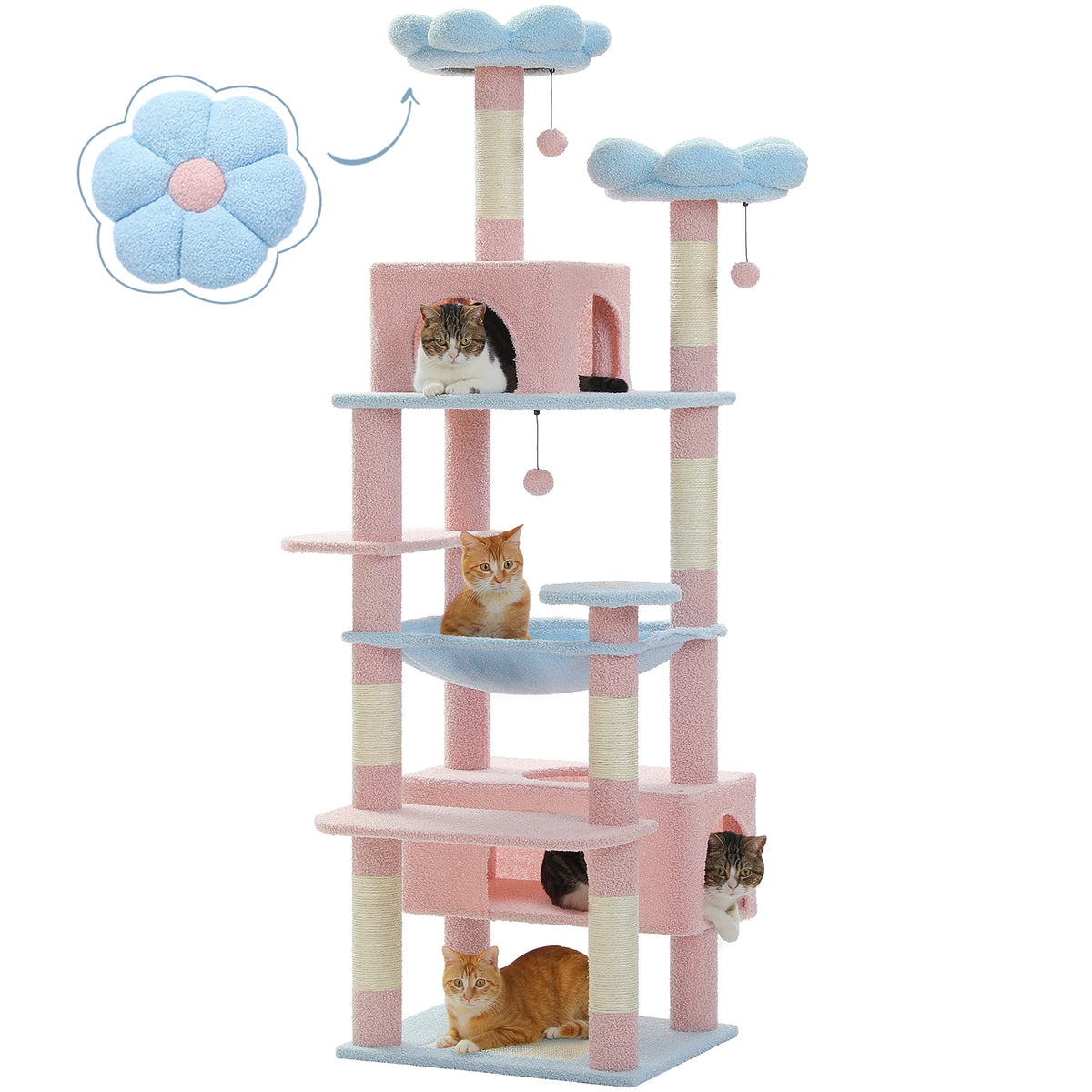 Arbre à Chat XXL Pastel (184 cm) – Tour d'Escalade Multi-Niveaux avec Perchoirs Nuages, Hamac & Poteaux en Sisal