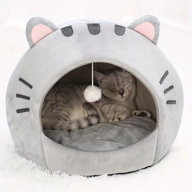 Niche Igloo Douillette pour Chat & Chiot – Panier Grotte Fermé avec Coussin Amovible & Pompon Suspendu