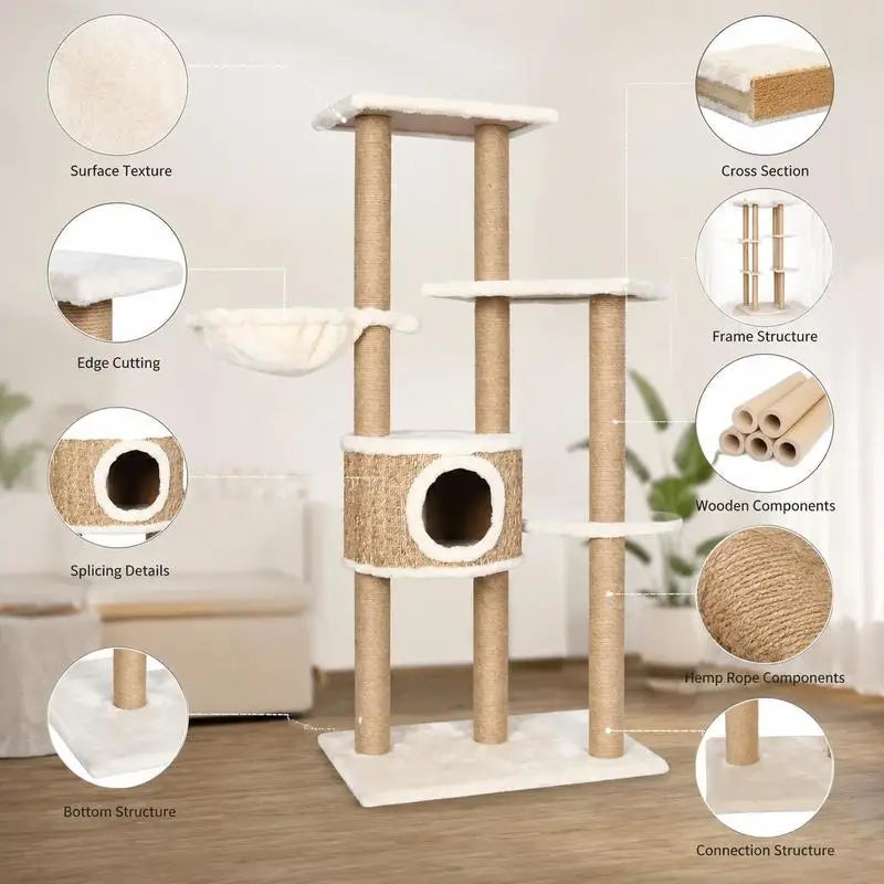 Arbre à chat multi-niveaux en jonc de mer & peluche beige – 126 cm