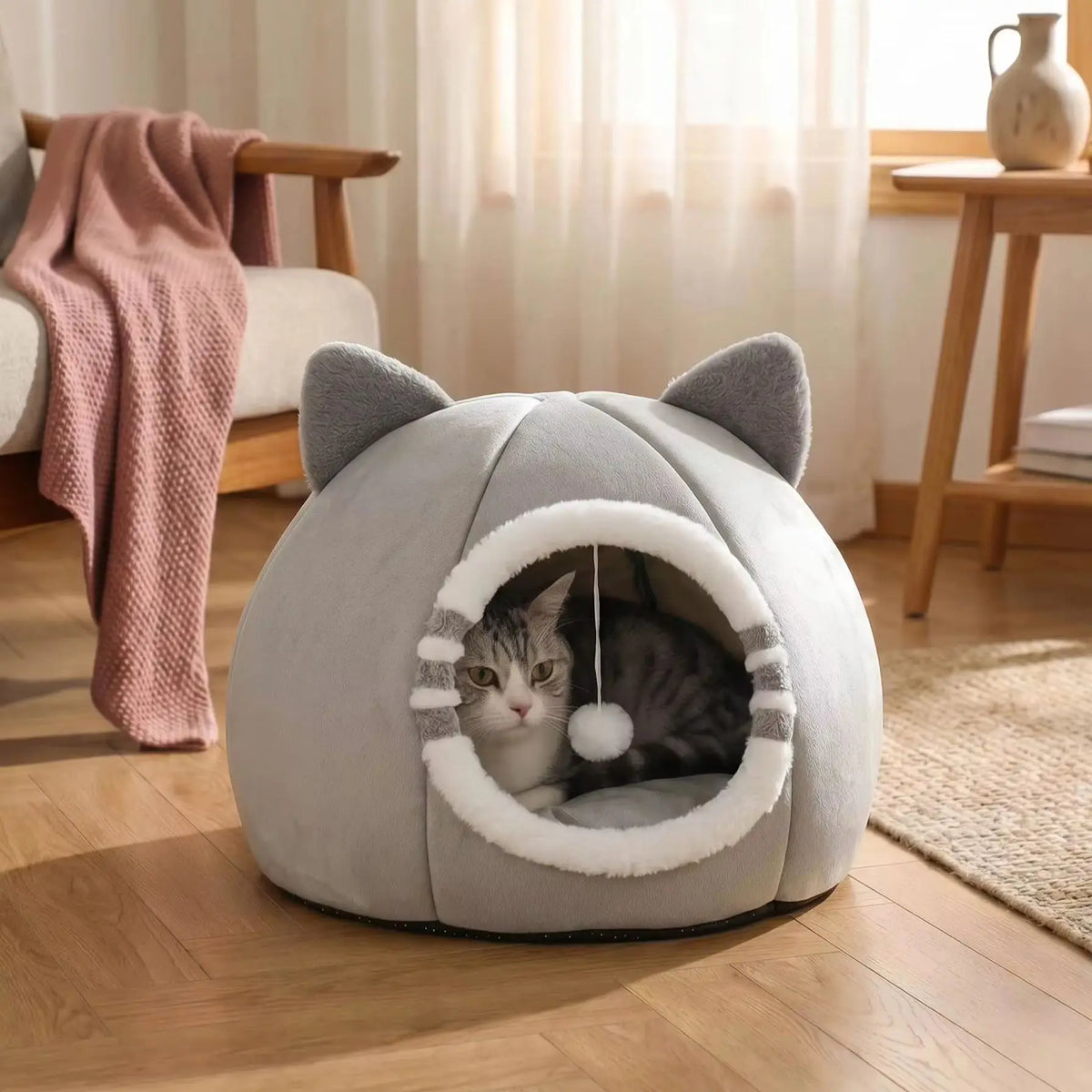Niche Igloo Douillette pour Chat & Chiot – Panier Grotte Fermé avec Coussin Amovible & Pompon Suspendu