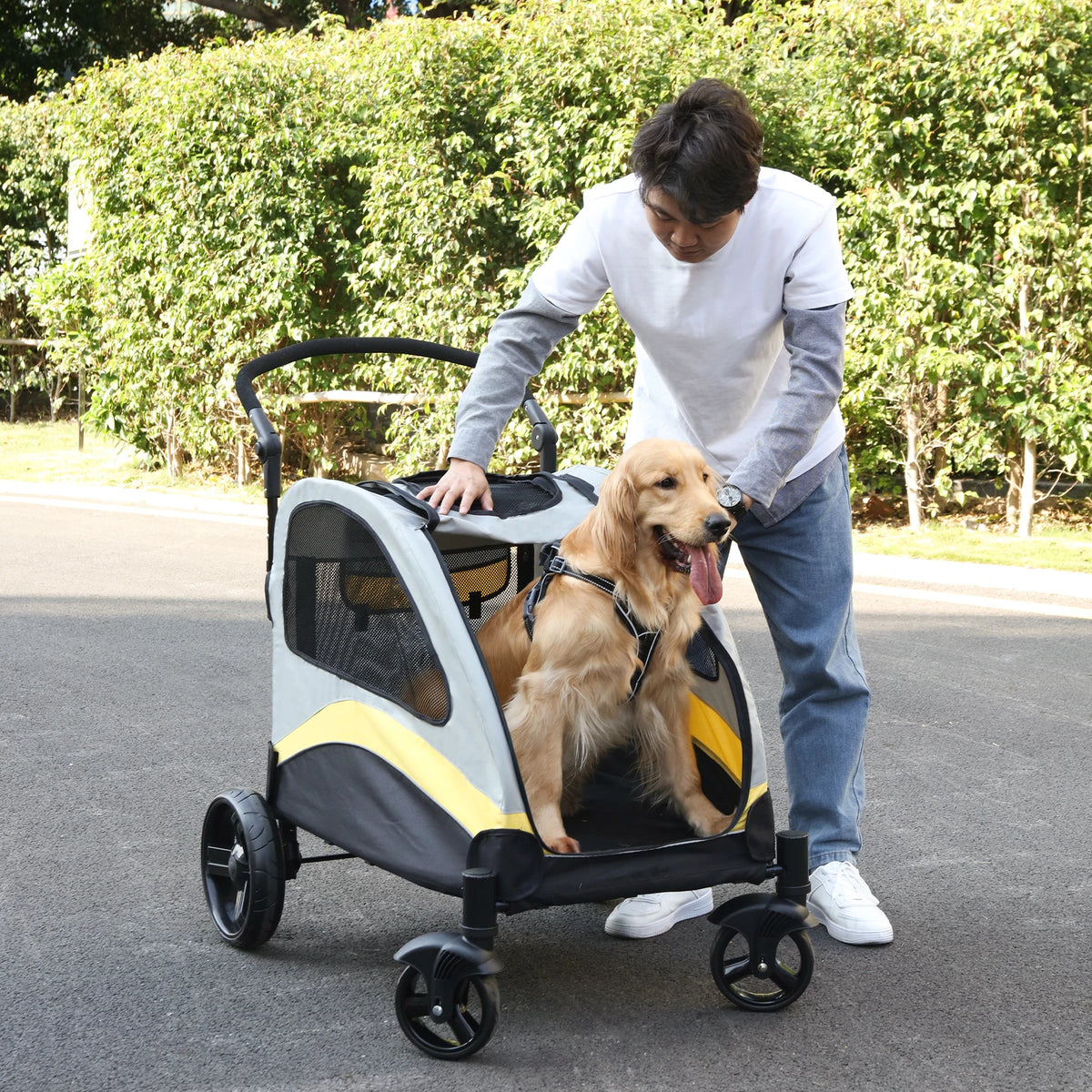 Poussette Chien Grand Format Tout-Terrain – Chariot Pliable & Respirant (M à XL jusqu'à 55 kg)