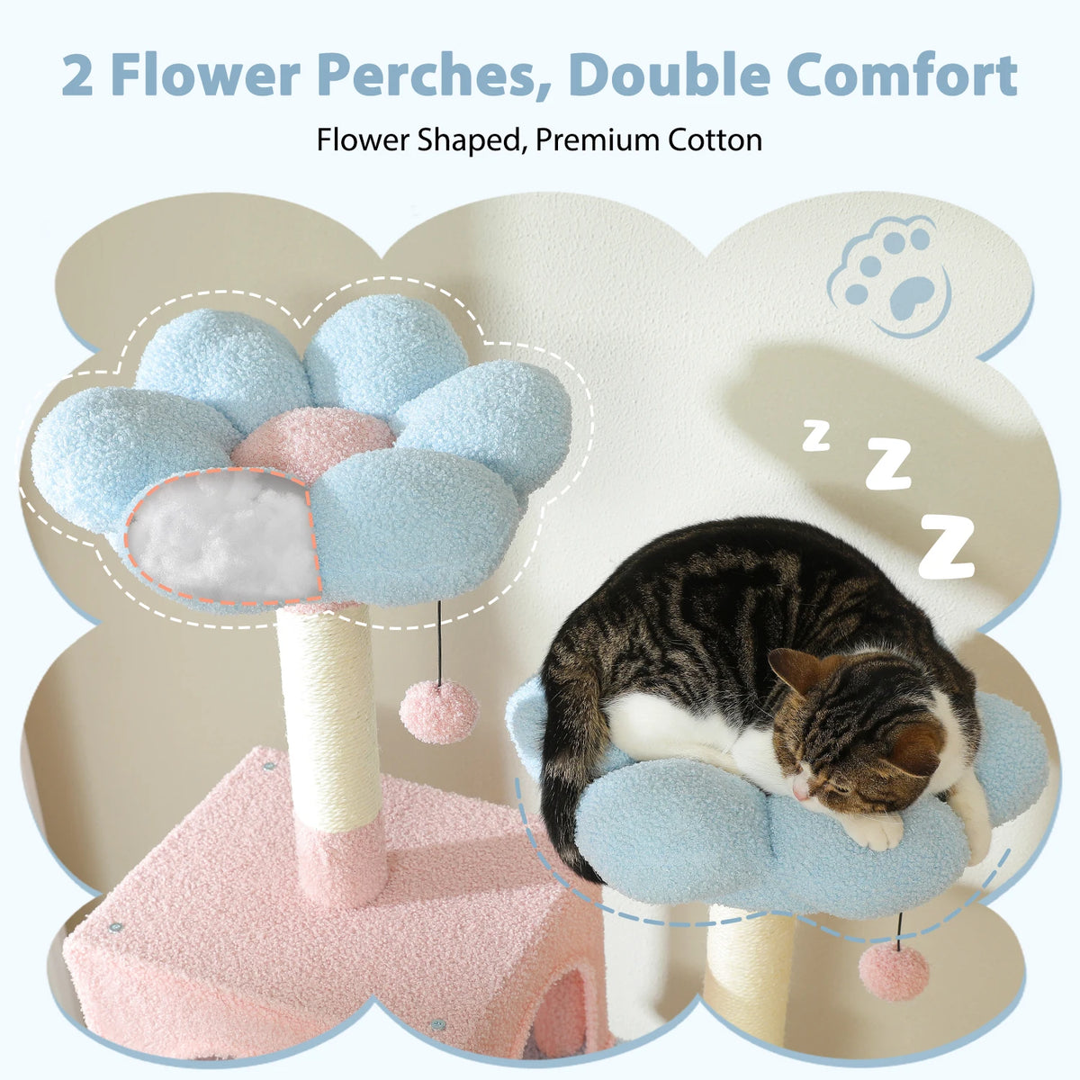 Arbre à Chat XXL Pastel (184 cm) – Tour d'Escalade Multi-Niveaux avec Perchoirs Nuages, Hamac & Poteaux en Sisal