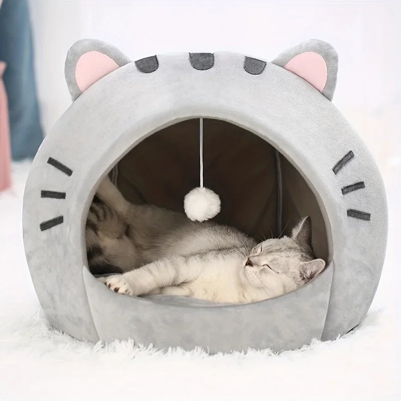 Niche Igloo Douillette pour Chat & Chiot – Panier Grotte Fermé avec Coussin Amovible & Pompon Suspendu