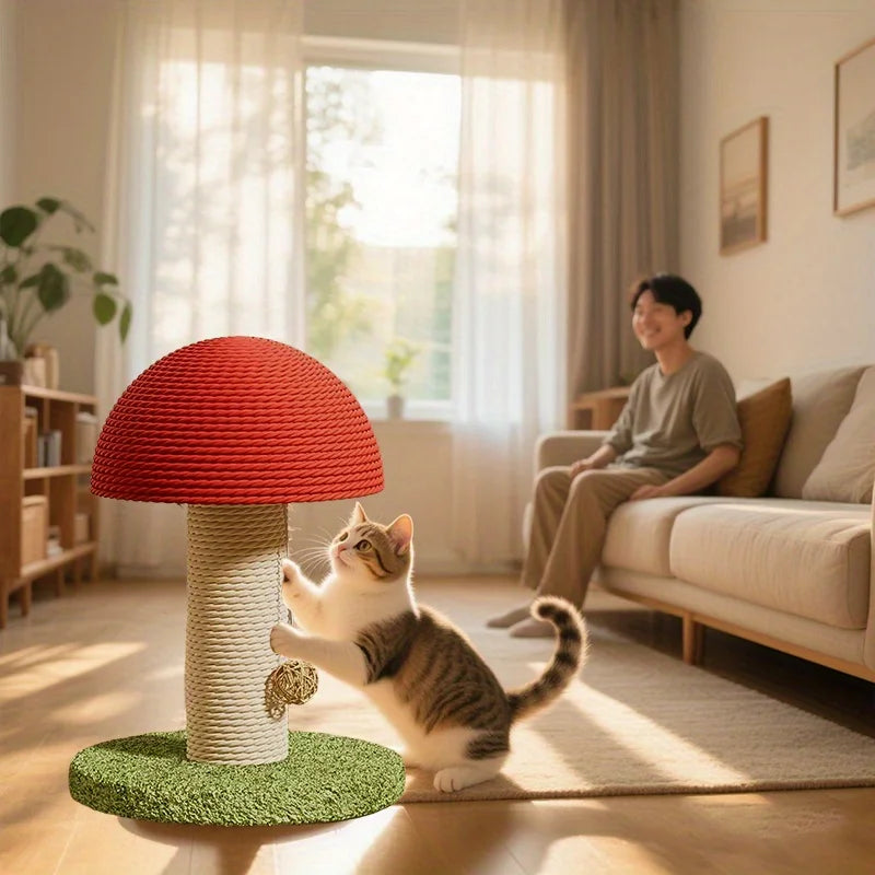 Griffoir Champignon pour Chat en Sisal Naturel – Arbre à Gratter Compact avec Pompon Suspendu