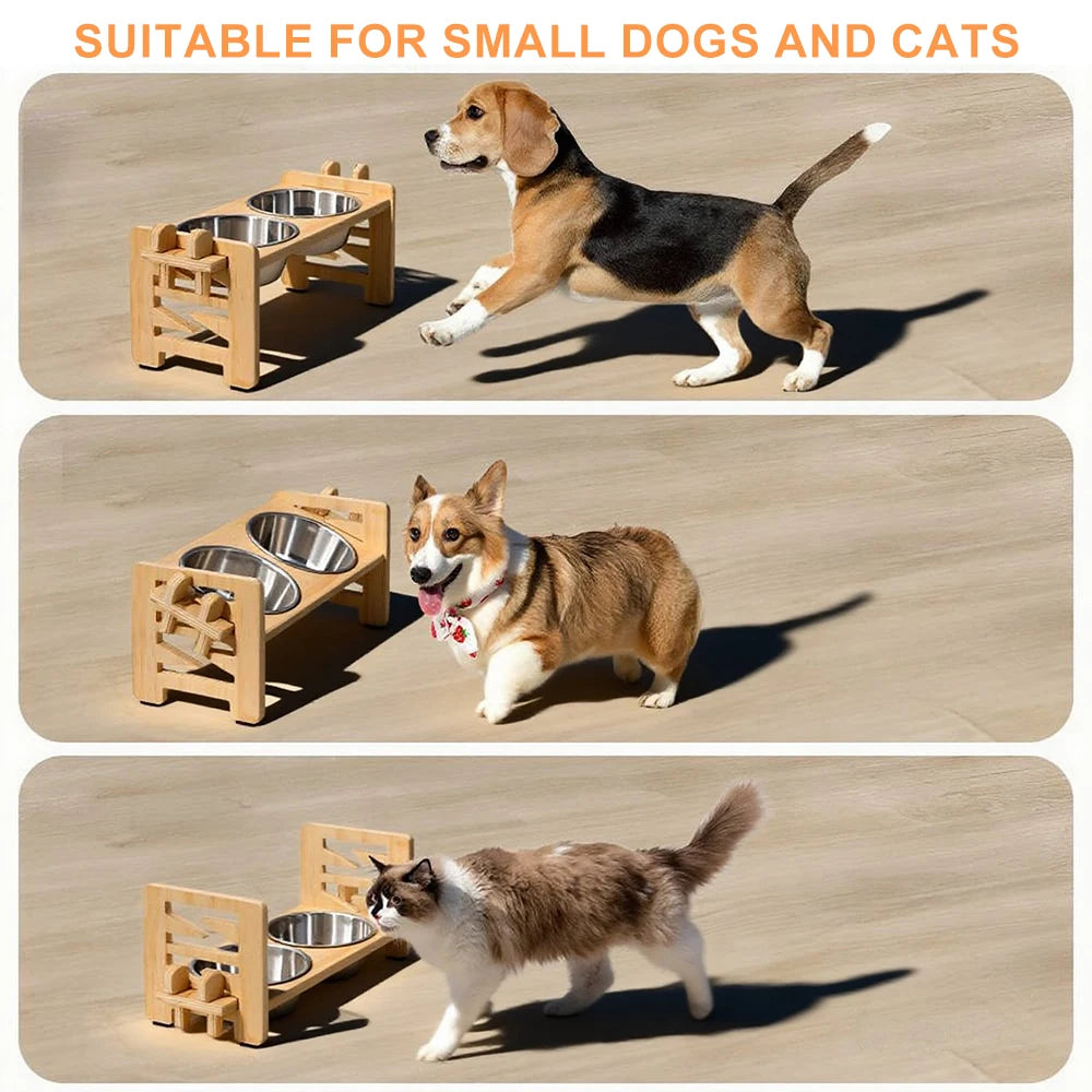 Support Double Gamelle en Bois Ajustable & Inclinable – 2 Bols Inox pour Chien & Chat