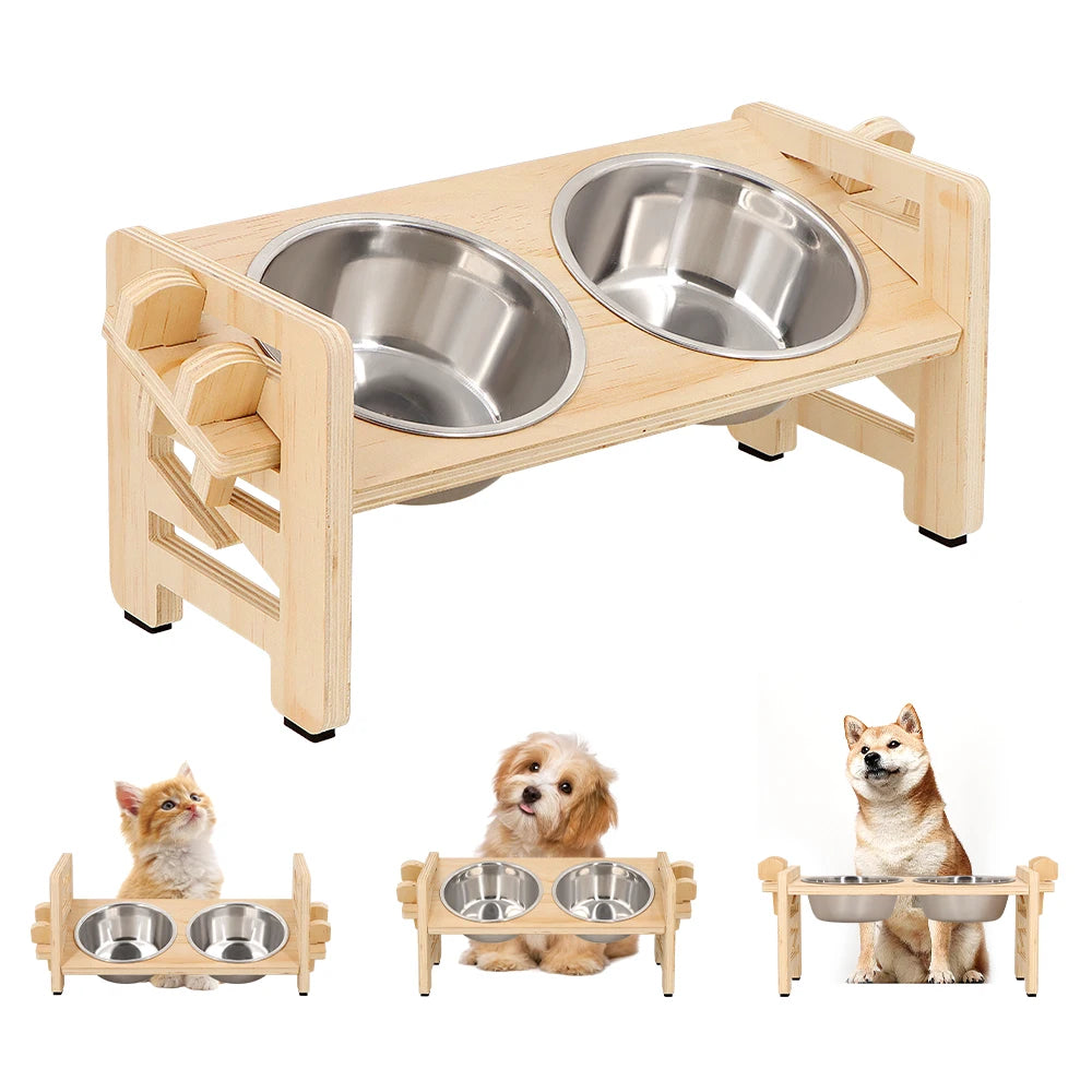 Support Double Gamelle en Bois Ajustable & Inclinable – 2 Bols Inox pour Chien & Chat