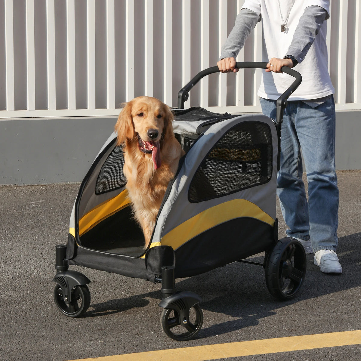 Poussette Chien Grand Format Tout-Terrain – Chariot Pliable & Respirant (M à XL jusqu'à 55 kg)