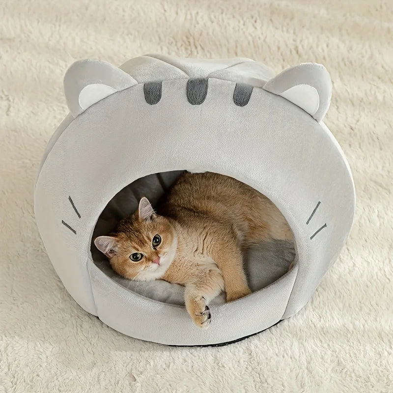 Niche Igloo Douillette pour Chat & Chiot – Panier Grotte Fermé avec Coussin Amovible & Pompon Suspendu