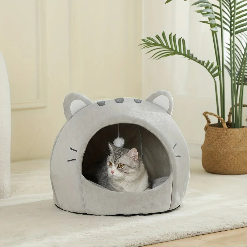 Niche Igloo Douillette pour Chat & Chiot – Panier Grotte Fermé avec Coussin Amovible & Pompon Suspendu