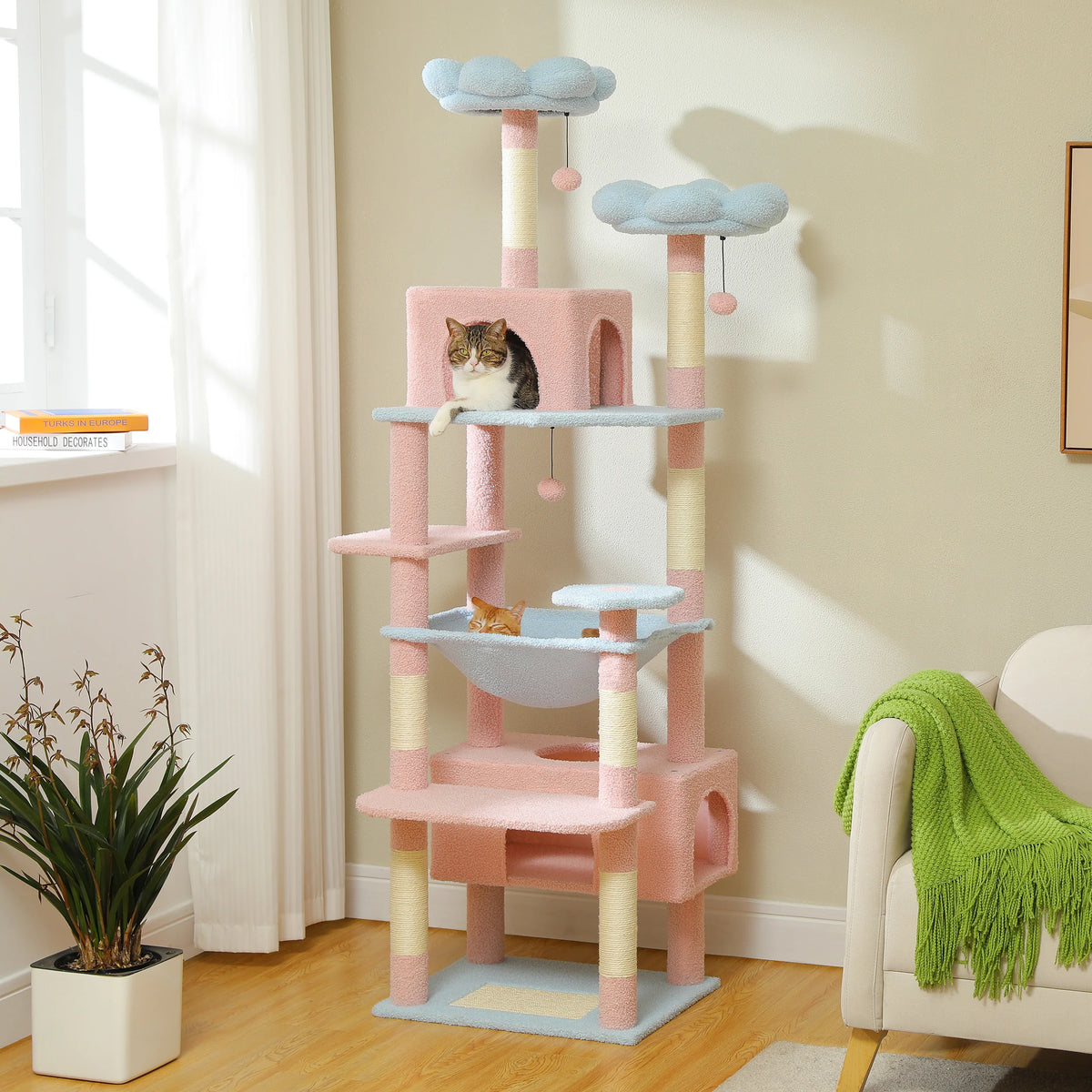 Arbre à Chat XXL Pastel (184 cm) – Tour d'Escalade Multi-Niveaux avec Perchoirs Nuages, Hamac & Poteaux en Sisal