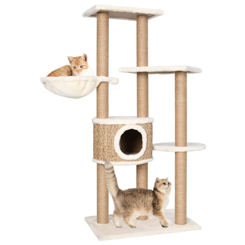 Arbre à chat multi-niveaux en jonc de mer & peluche beige – 126 cm