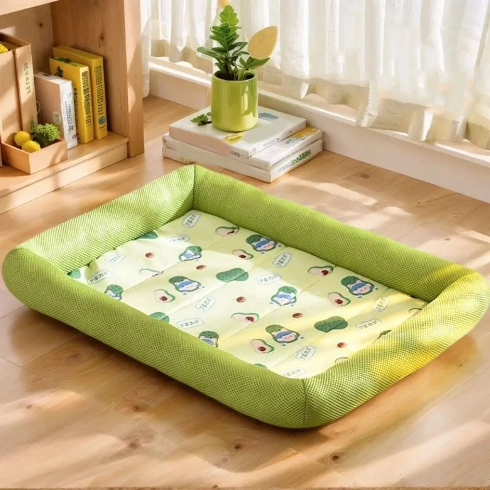 Tapis de Couchage Rafraîchissant d'Été pour Chien & Chat – Panier Rectangulaire Respirant avec Rebord Cale-Nuque