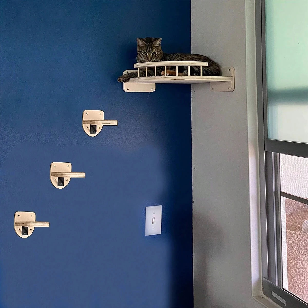 Perchoir d'Angle Mural en Bois avec 3 Marches pour Chat – Lit Hamac Suspendu & Parcours d'Escalade