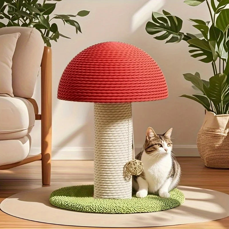 Griffoir Champignon pour Chat en Sisal Naturel – Arbre à Gratter Compact avec Pompon Suspendu