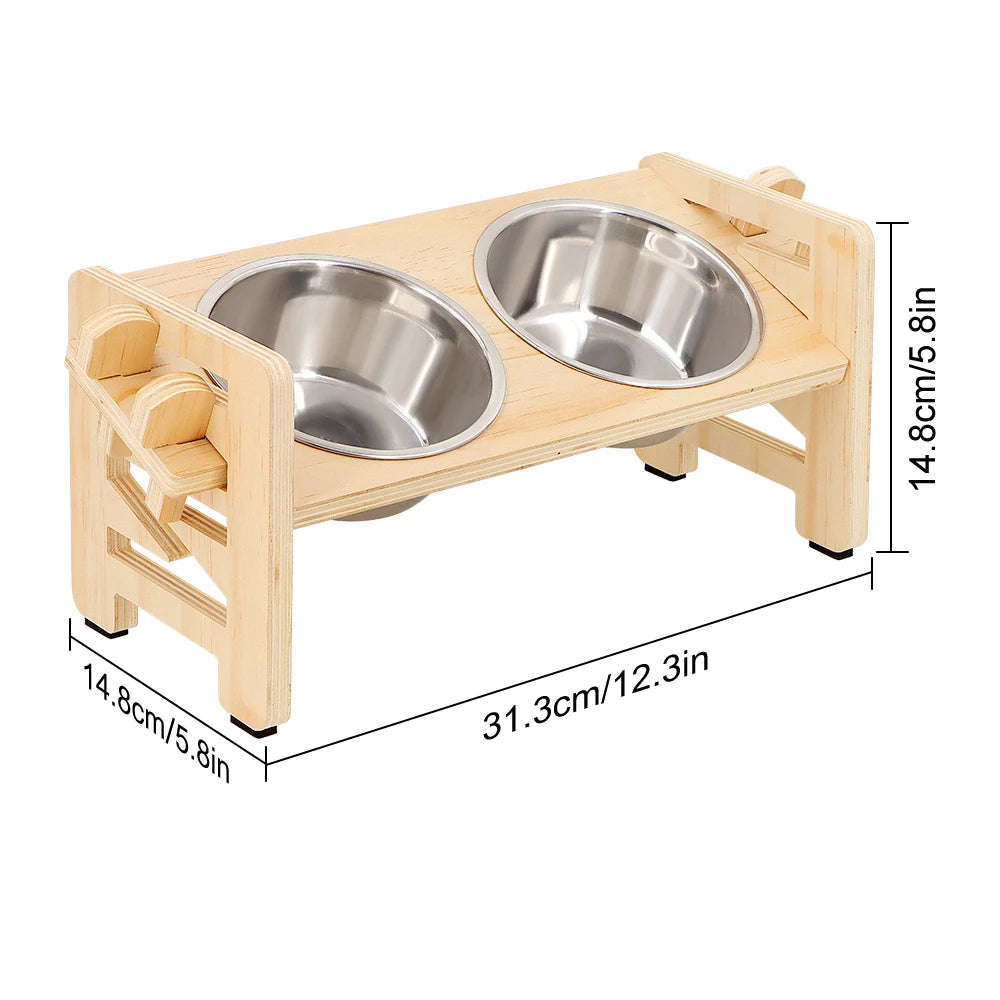 Support Double Gamelle en Bois Ajustable & Inclinable – 2 Bols Inox pour Chien & Chat
