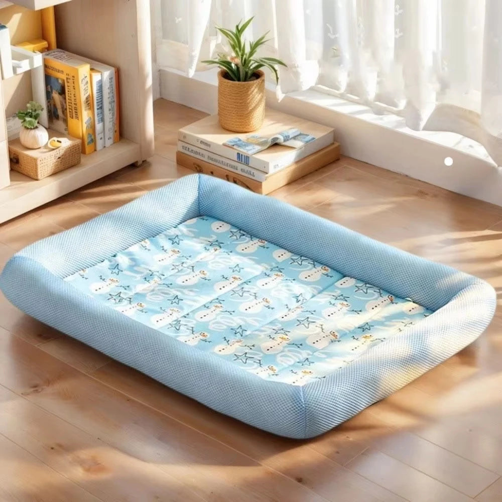 Tapis de Couchage Rafraîchissant d'Été pour Chien & Chat – Panier Rectangulaire Respirant avec Rebord Cale-Nuque