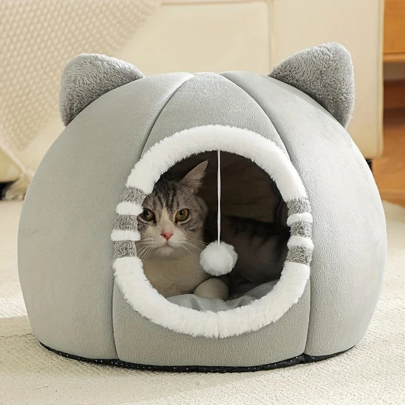 Niche Igloo Douillette pour Chat & Chiot – Panier Grotte Fermé avec Coussin Amovible & Pompon Suspendu