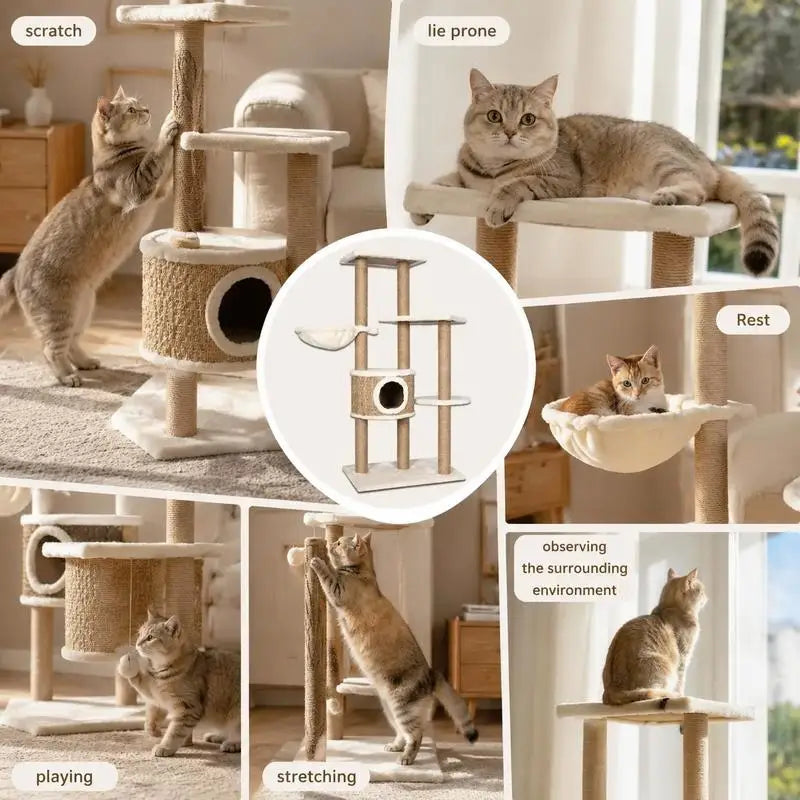 Arbre à chat multi-niveaux en jonc de mer & peluche beige – 126 cm