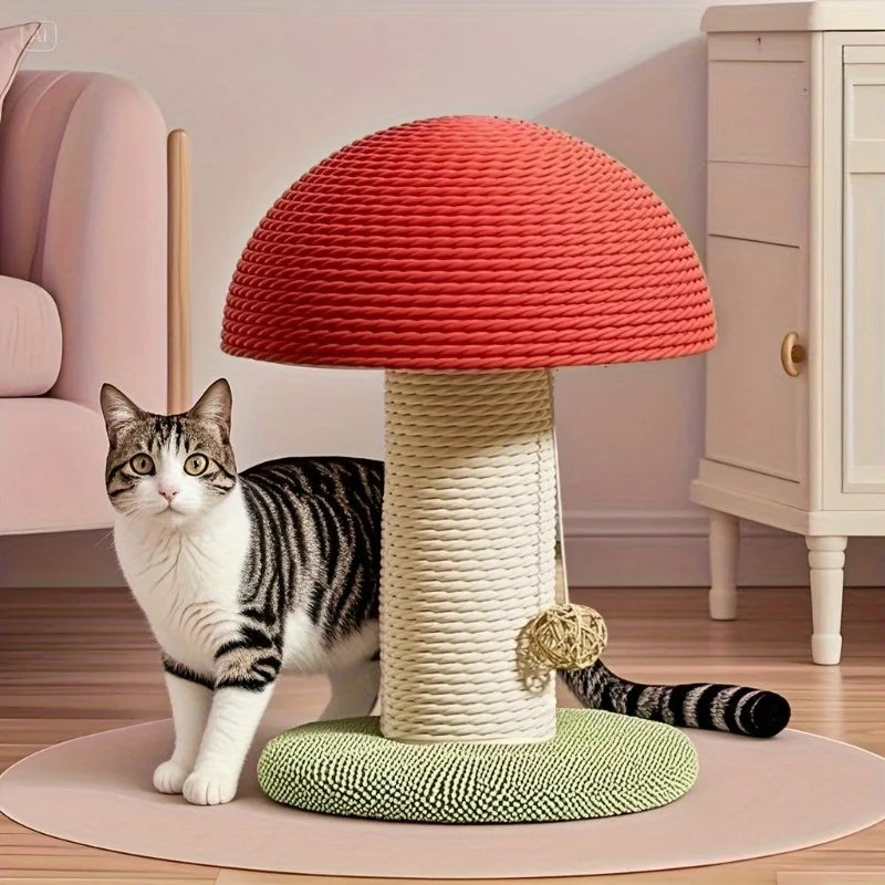 Griffoir Champignon pour Chat en Sisal Naturel – Arbre à Gratter Compact avec Pompon Suspendu