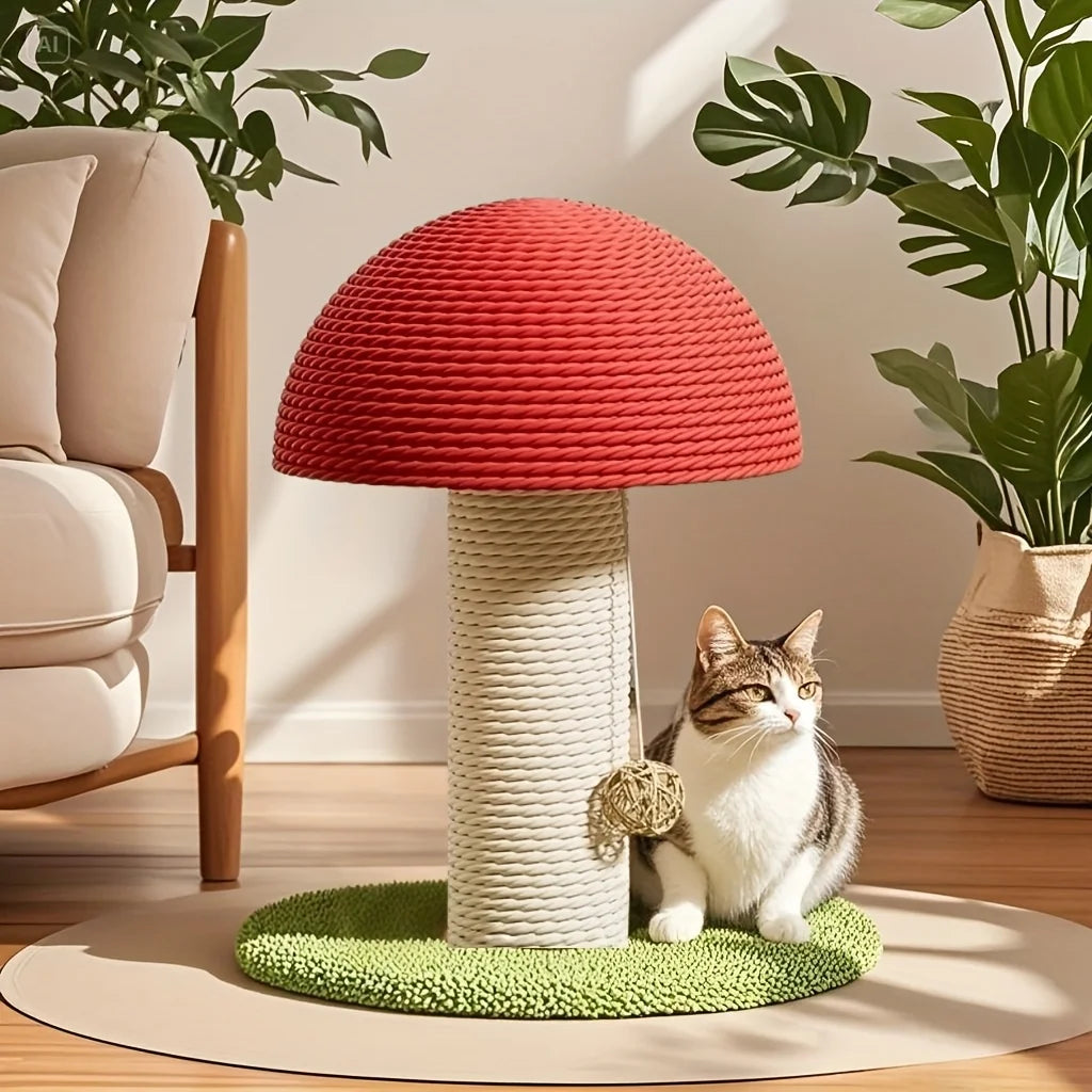 Griffoir Champignon pour Chat en Sisal Naturel – Arbre à Gratter Compact avec Pompon Suspendu