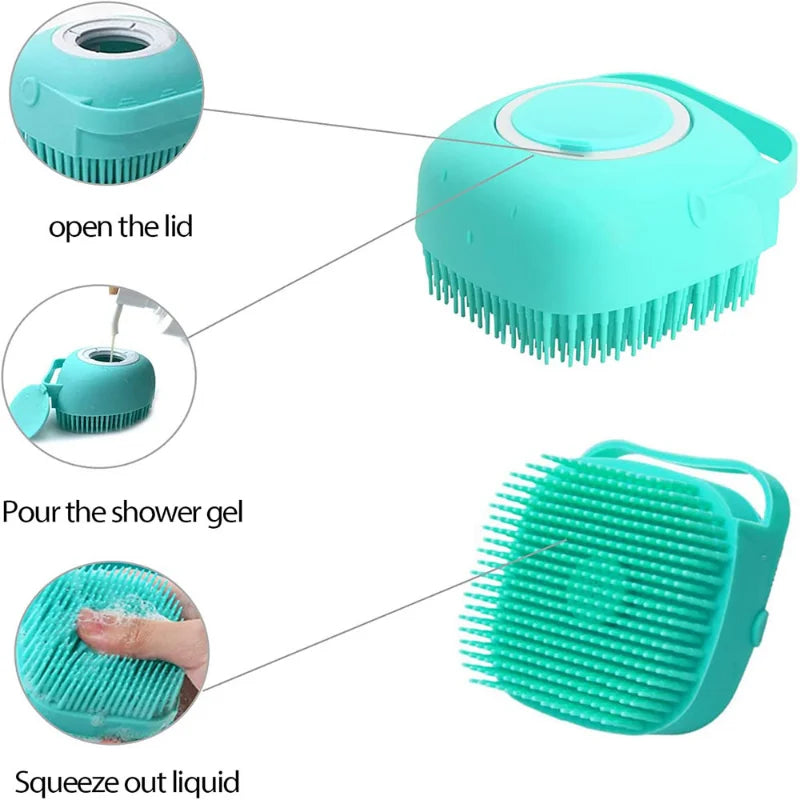 Brosse de Bain Massante en Silicone pour Chien & Chat – Étrille avec Réservoir Distributeur de Shampoing Intégré