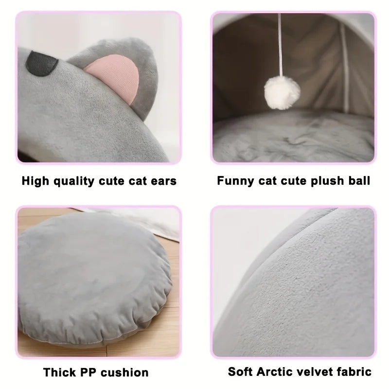 Niche Igloo Douillette pour Chat & Chiot – Panier Grotte Fermé avec Coussin Amovible & Pompon Suspendu