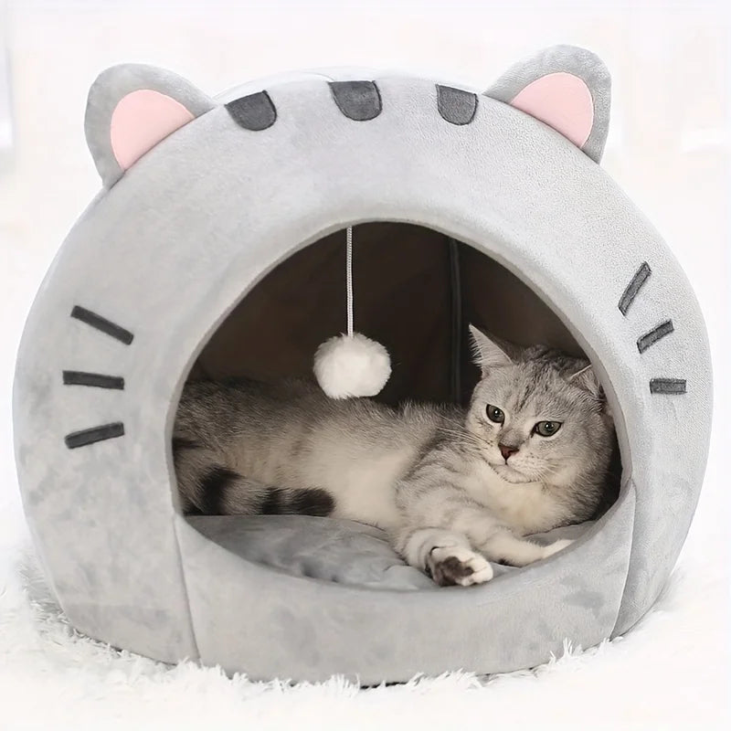 Niche Igloo Douillette pour Chat & Chiot – Panier Grotte Fermé avec Coussin Amovible & Pompon Suspendu