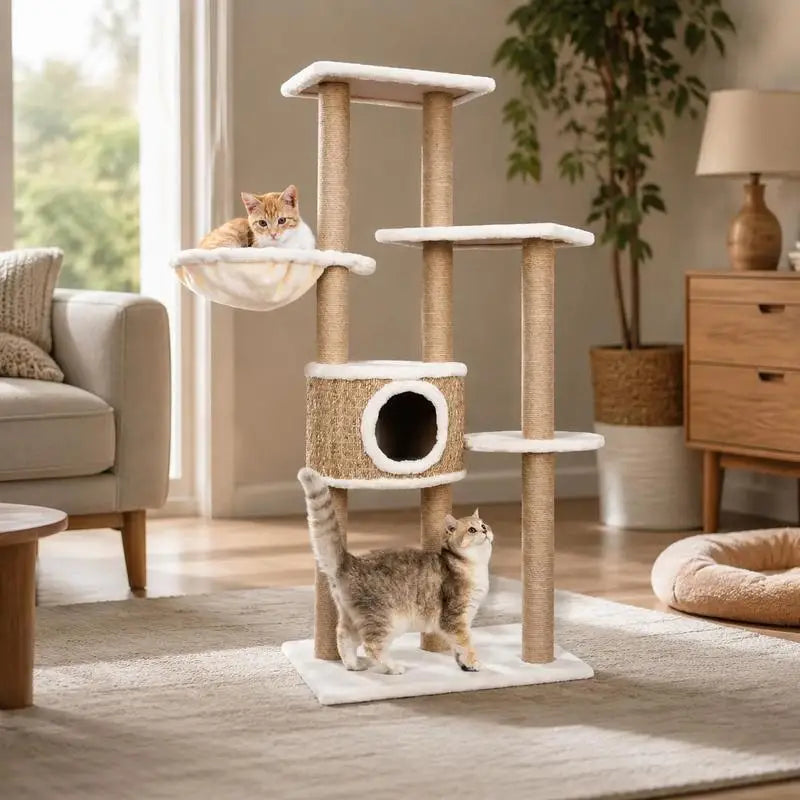 Arbre à chat multi-niveaux en jonc de mer & peluche beige – 126 cm