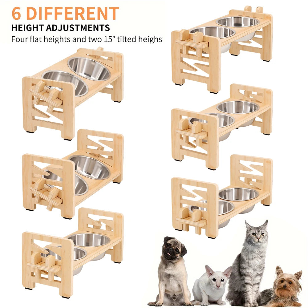 Support Double Gamelle en Bois Ajustable & Inclinable – 2 Bols Inox pour Chien & Chat