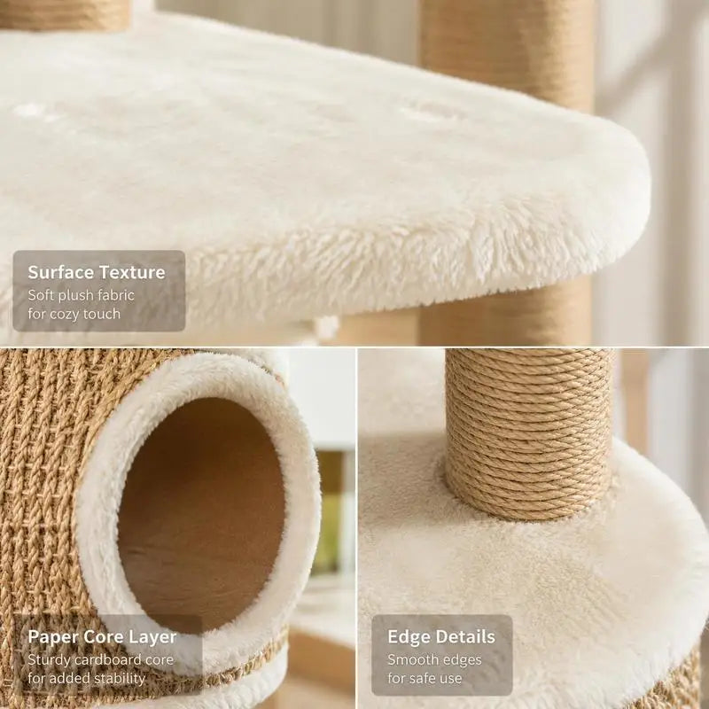 Arbre à chat multi-niveaux en jonc de mer & peluche beige – 126 cm