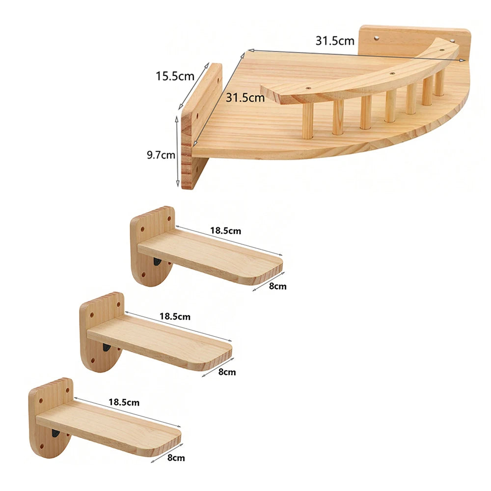 Perchoir d'Angle Mural en Bois avec 3 Marches pour Chat – Lit Hamac Suspendu & Parcours d'Escalade