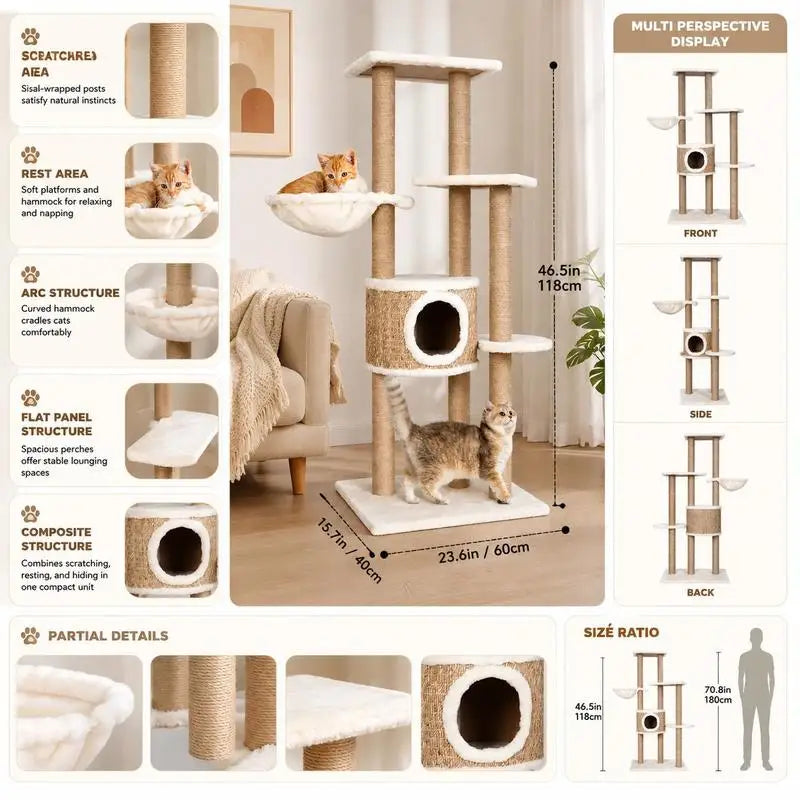 Arbre à chat multi-niveaux en jonc de mer & peluche beige – 126 cm