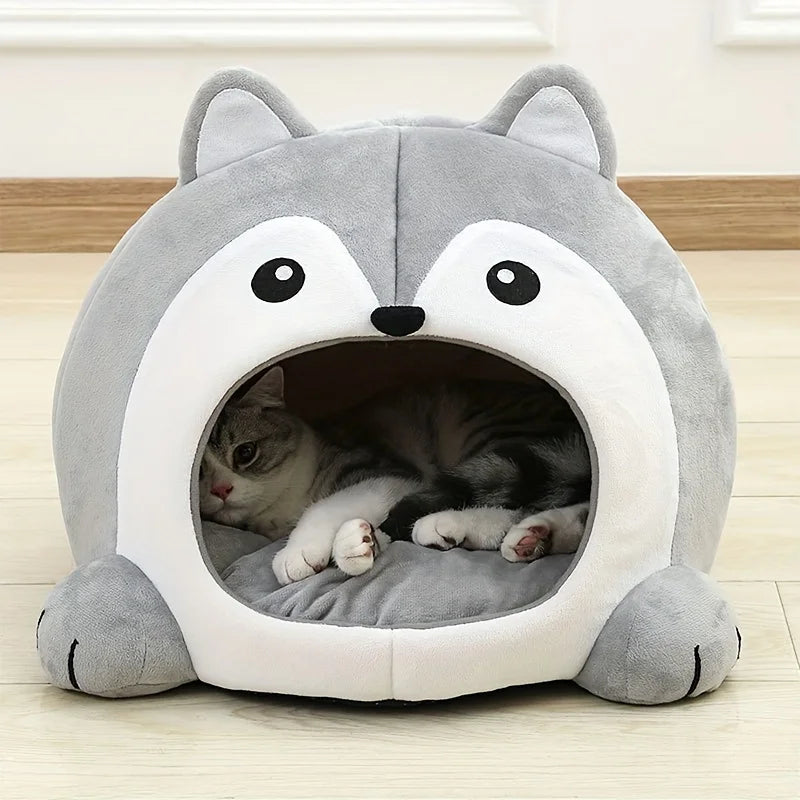 Niche Igloo Douillette pour Chat & Chiot – Panier Grotte Fermé avec Coussin Amovible & Pompon Suspendu