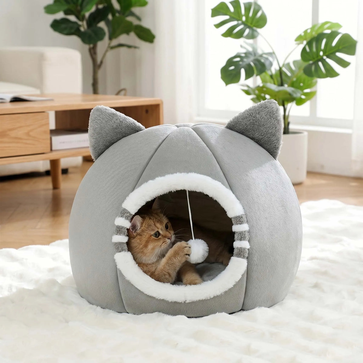 Niche Igloo Douillette pour Chat & Chiot – Panier Grotte Fermé avec Coussin Amovible & Pompon Suspendu