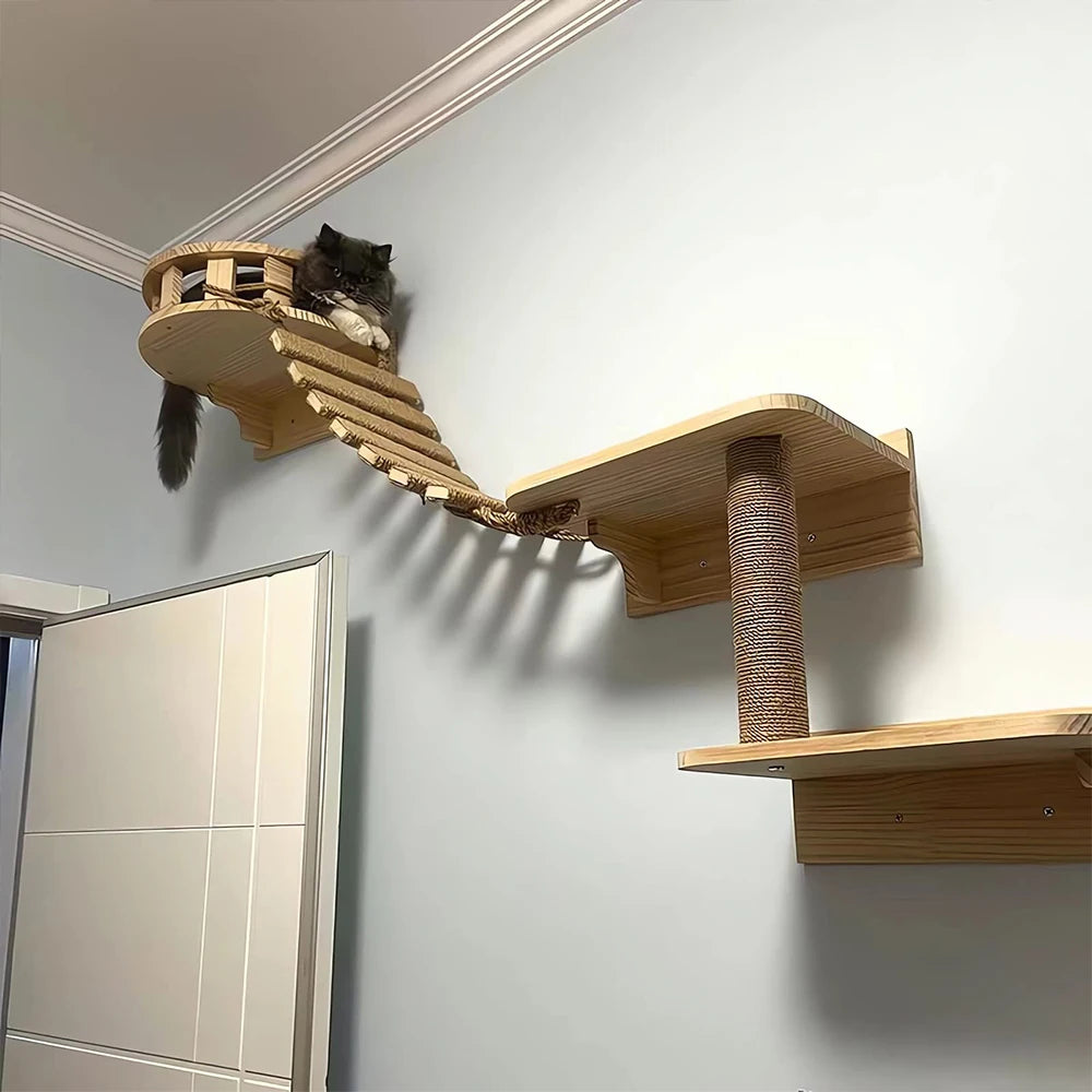 Échelle Suspendue d'Escalade en Bois & Sisal pour Chat – Pont Mural & Griffoir d'Intérieur (115 à 180 cm)
