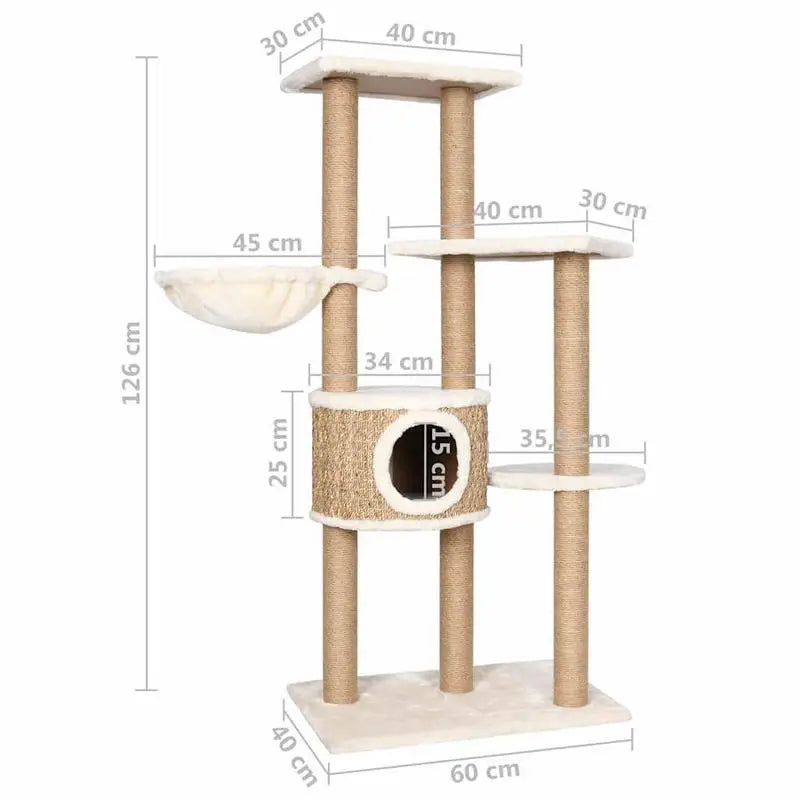 Arbre à chat multi-niveaux en jonc de mer & peluche beige – 126 cm