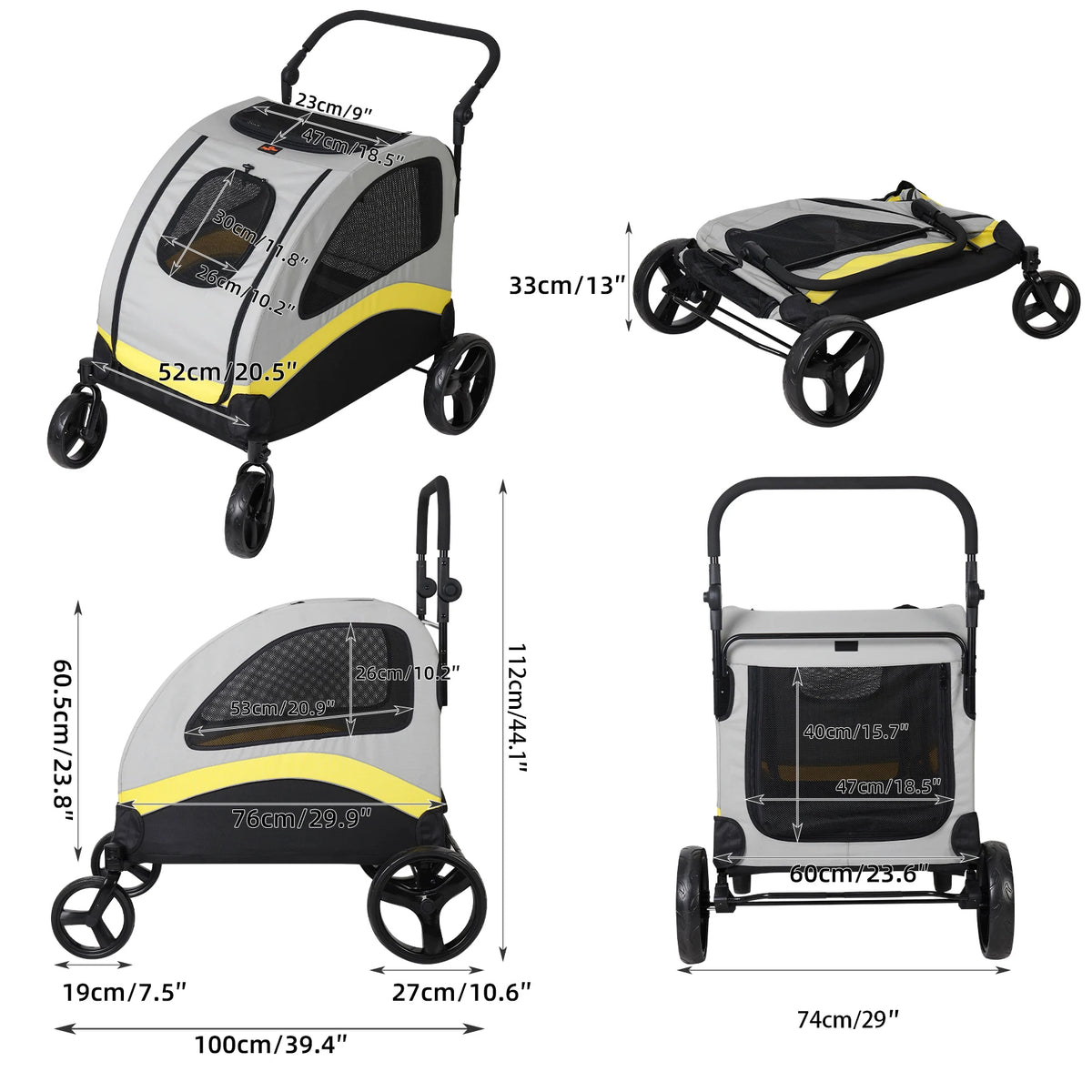 Poussette Chien Grand Format Tout-Terrain – Chariot Pliable & Respirant (M à XL jusqu'à 55 kg)