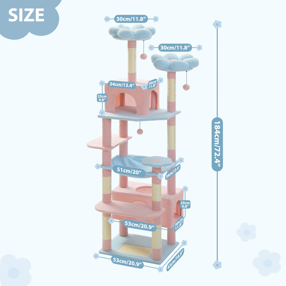 Arbre à Chat XXL Pastel (184 cm) – Tour d'Escalade Multi-Niveaux avec Perchoirs Nuages, Hamac & Poteaux en Sisal
