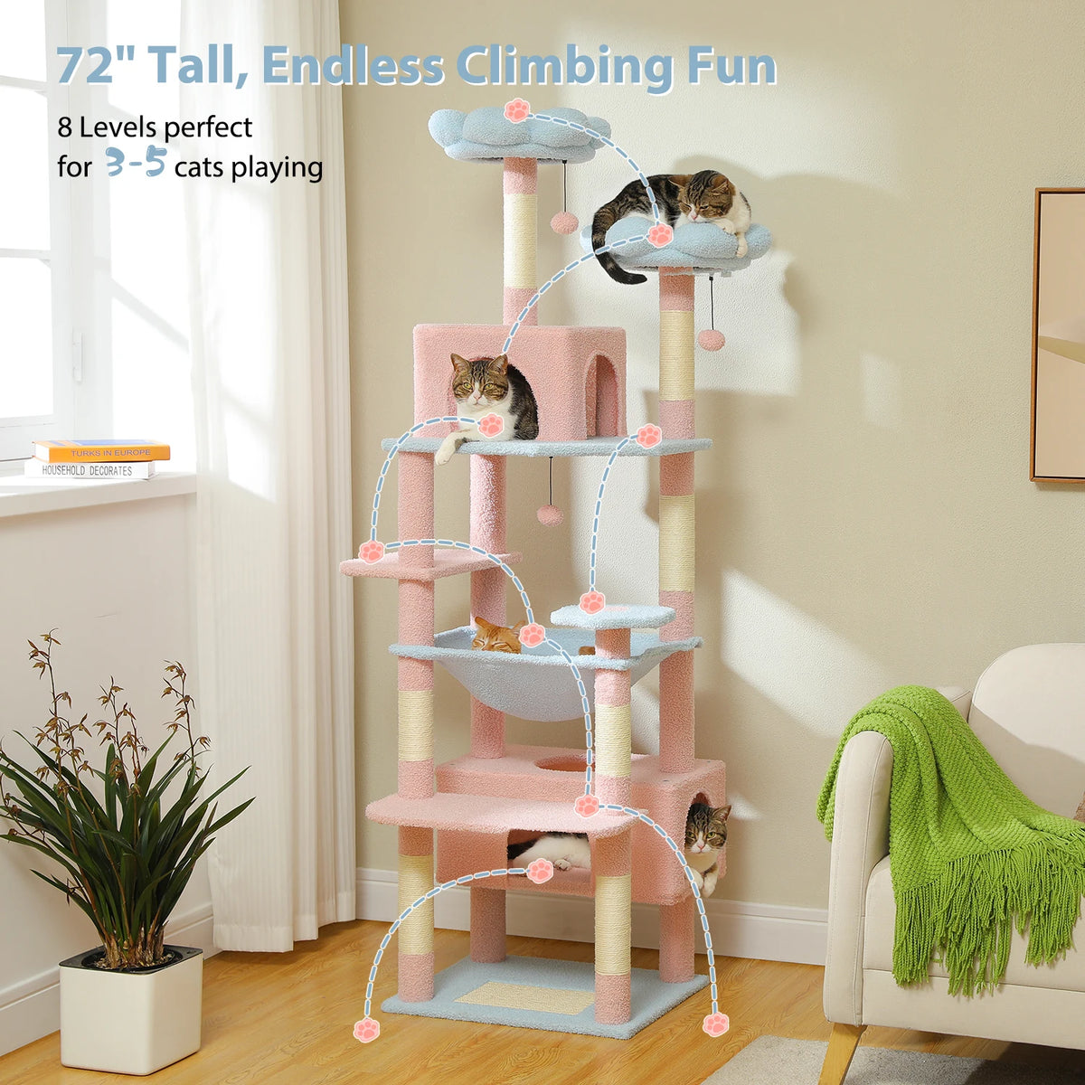 Arbre à Chat XXL Pastel (184 cm) – Tour d'Escalade Multi-Niveaux avec Perchoirs Nuages, Hamac & Poteaux en Sisal