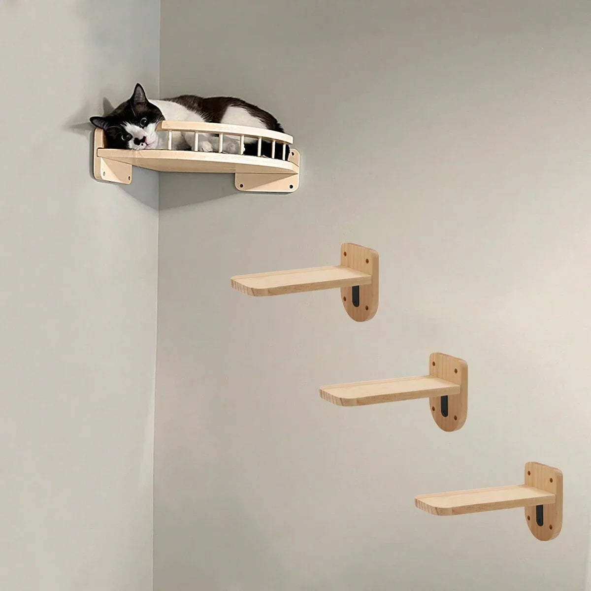 Perchoir d'Angle Mural en Bois avec 3 Marches pour Chat – Lit Hamac Suspendu & Parcours d'Escalade