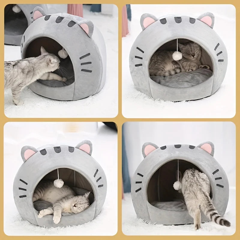 Niche Igloo Douillette pour Chat & Chiot – Panier Grotte Fermé avec Coussin Amovible & Pompon Suspendu