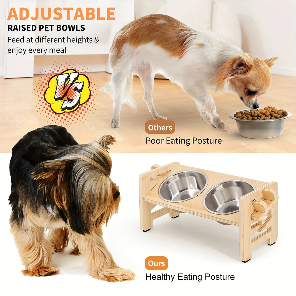 Support Double Gamelle en Bois Ajustable & Inclinable – 2 Bols Inox pour Chien & Chat