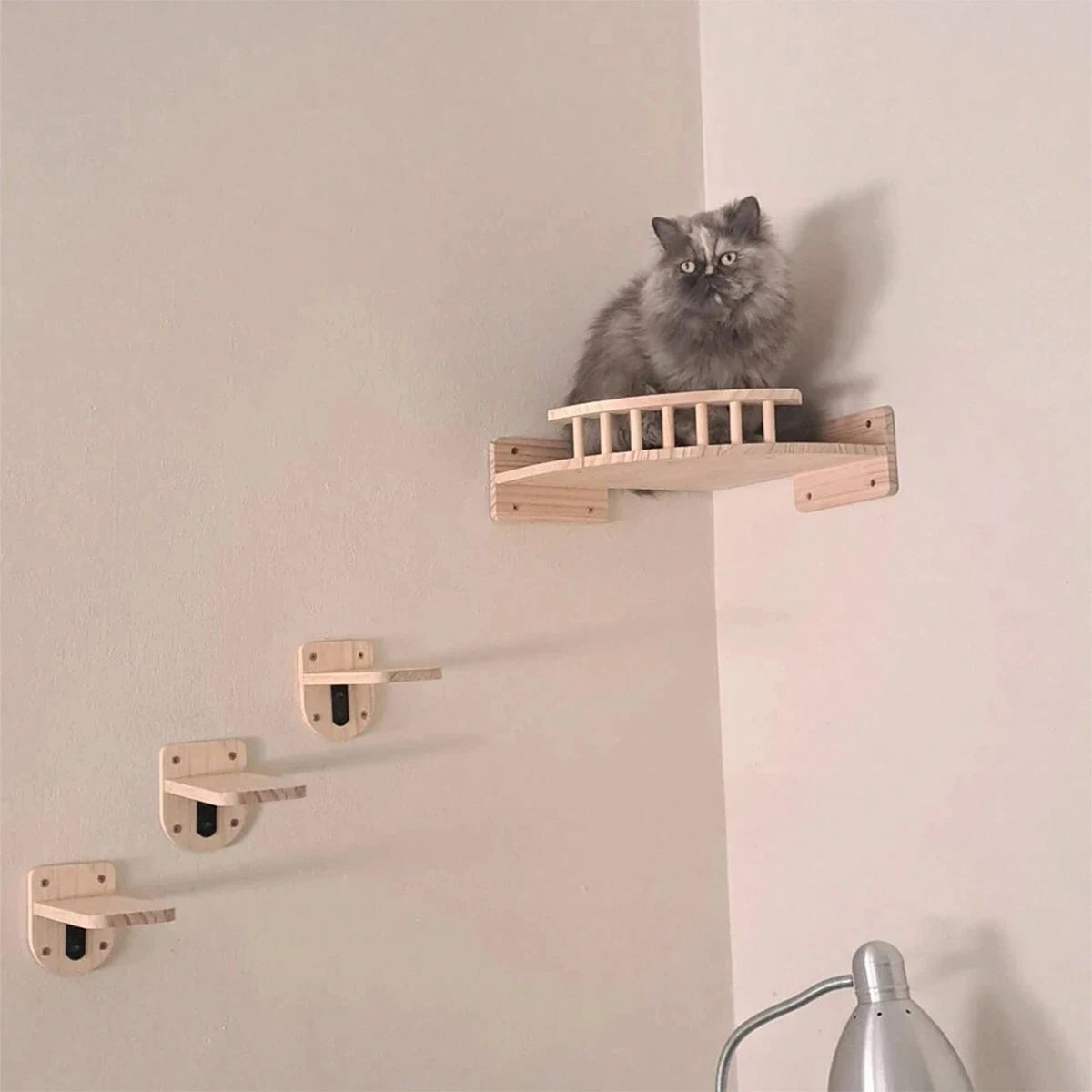 Perchoir d'Angle Mural en Bois avec 3 Marches pour Chat – Lit Hamac Suspendu & Parcours d'Escalade