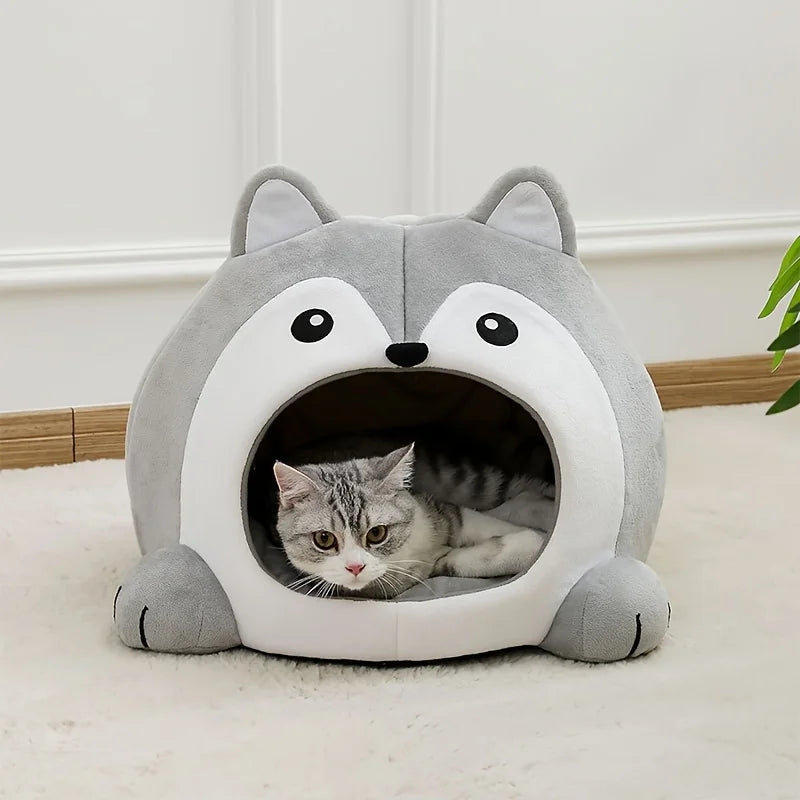 Niche Igloo Douillette pour Chat & Chiot – Panier Grotte Fermé avec Coussin Amovible & Pompon Suspendu